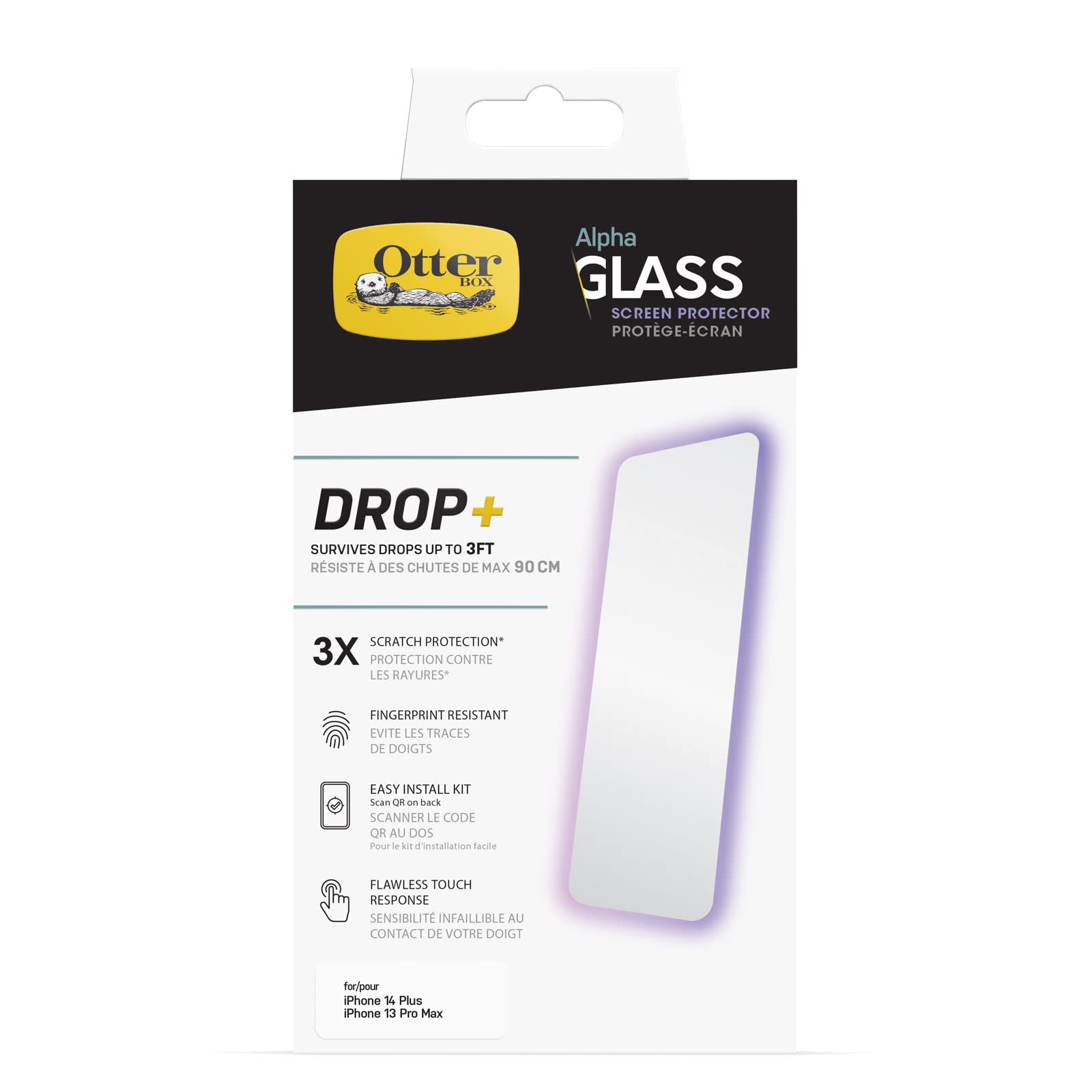 OtterBox ALPHA GLASS SERIES ANTIMICROBIAL Screen Protector for iPhone 14 Plus, Flawless Touch Response, Fingerprint Resistant, Precision Fit, Vibrant Clarity