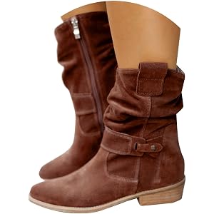 BCVBBMQ Slouchy Mid Calf Boots for Women Fashion Western Cowboy Suede Booties Side Zipper Pointed Toe Retro Chunky Low Heel S