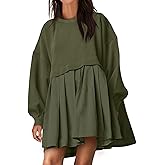 ANRABESS Women Sweatshirts Dress Oversized Long Sleeve Patchwork Casual Loose Pleated Pullover Mini Dress Fall Outfits 2025