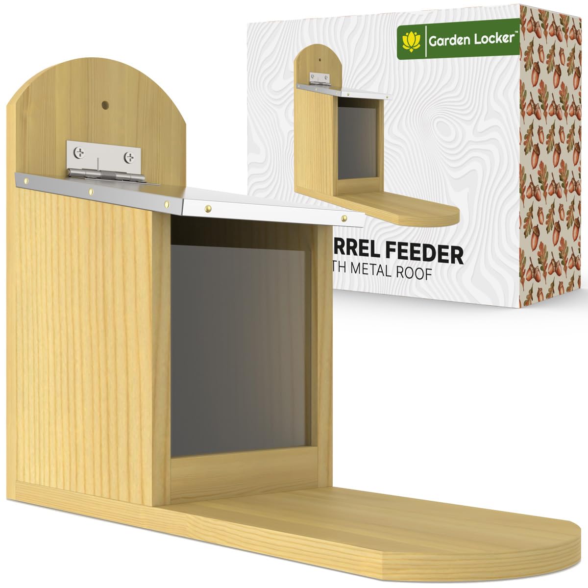 Squirrel Feeder with Metal Roof - Natural Wood with Extra Long Feeding Platform - Great Outdoor Wildlife Feeding Station Encouraging Squirrels to your Garden - Great for Him