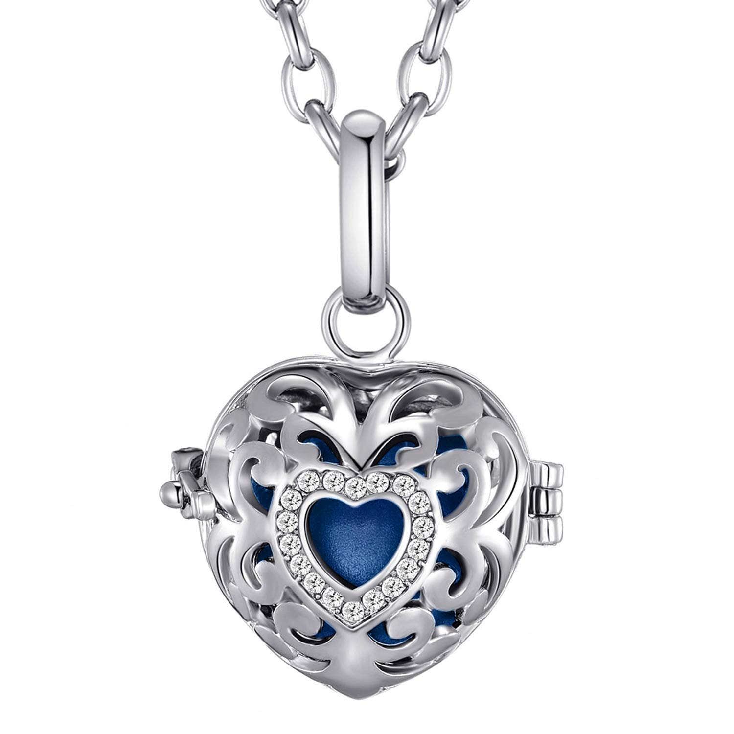 Morella Women Necklace Stainless Steel 70 cm 27,5" with Love Heart Pendant with Sound Ball Blue Ø 16 mm 0,63" in a velvet jewelry bag