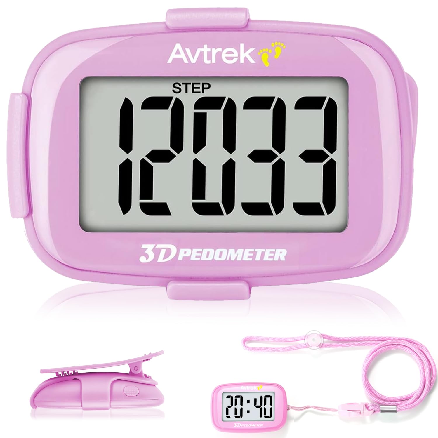 AVTREK Step Counter with Clip and Lanyard, 3D Pedometer Step Counter With Time Display and LED Backlight, Simple Steps Counter for Walking Running, Men Women Elder(Pink)