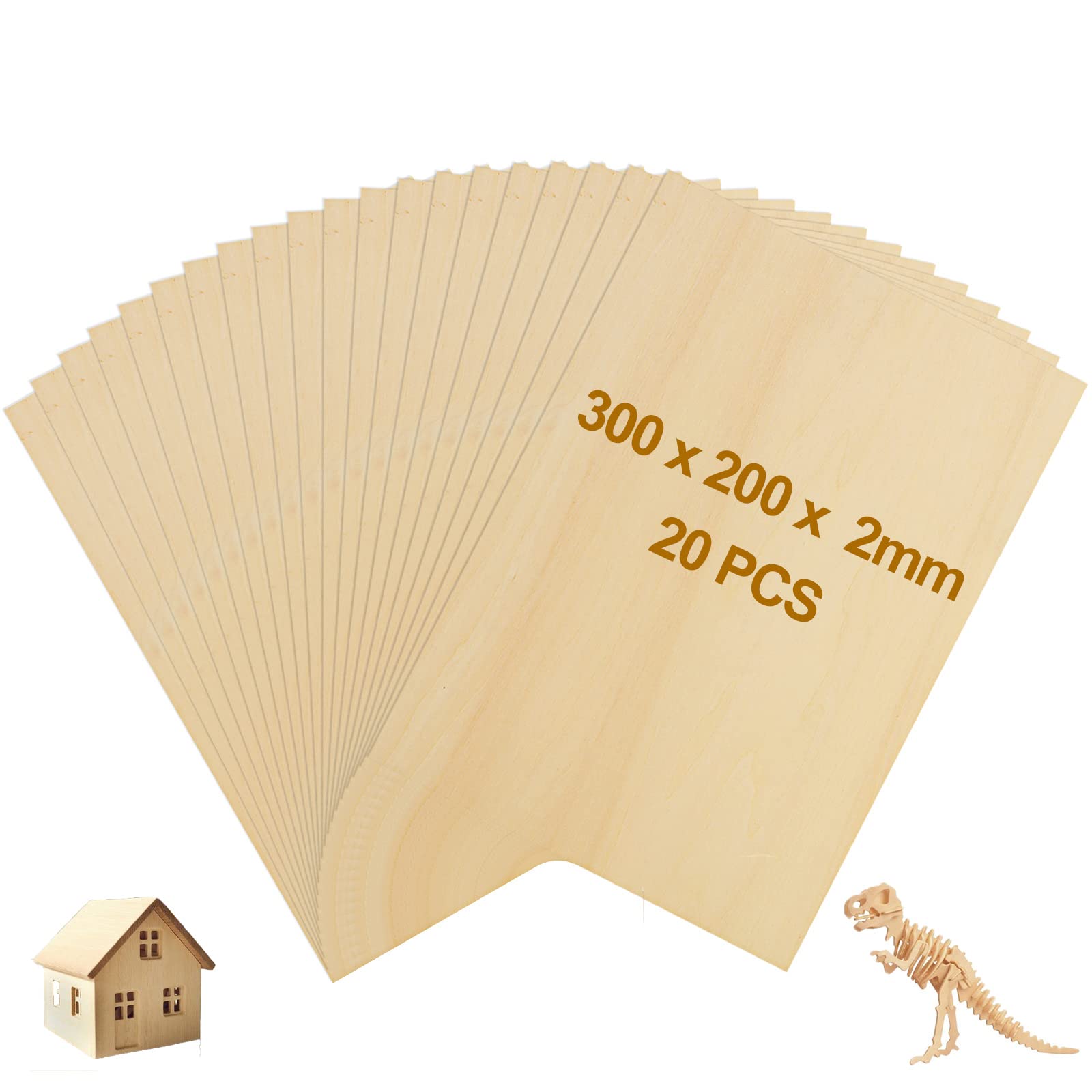 LOLYSIC 20Pcs Basswood Sheets, 300x200x2mm Unfinished Plywood Sheets, A4 Rectangle Thin Basswood Plywood Sheets for Laser Engraving DIY Craft Arts Modeling Home Decor