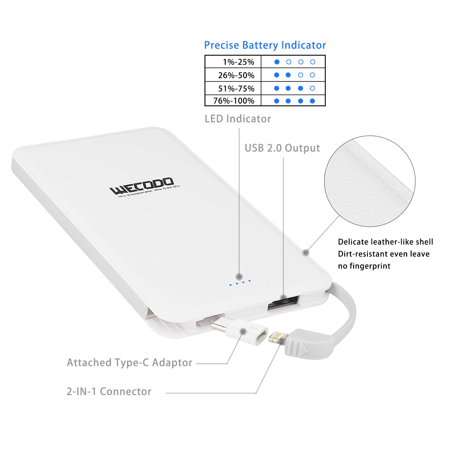 WECODO Slim Portable Charger 5000mAh Power Bank Built-in Cable Pocket External Battery Pack with LED Indicator Compatible iPhone iPad Samsung LG and More