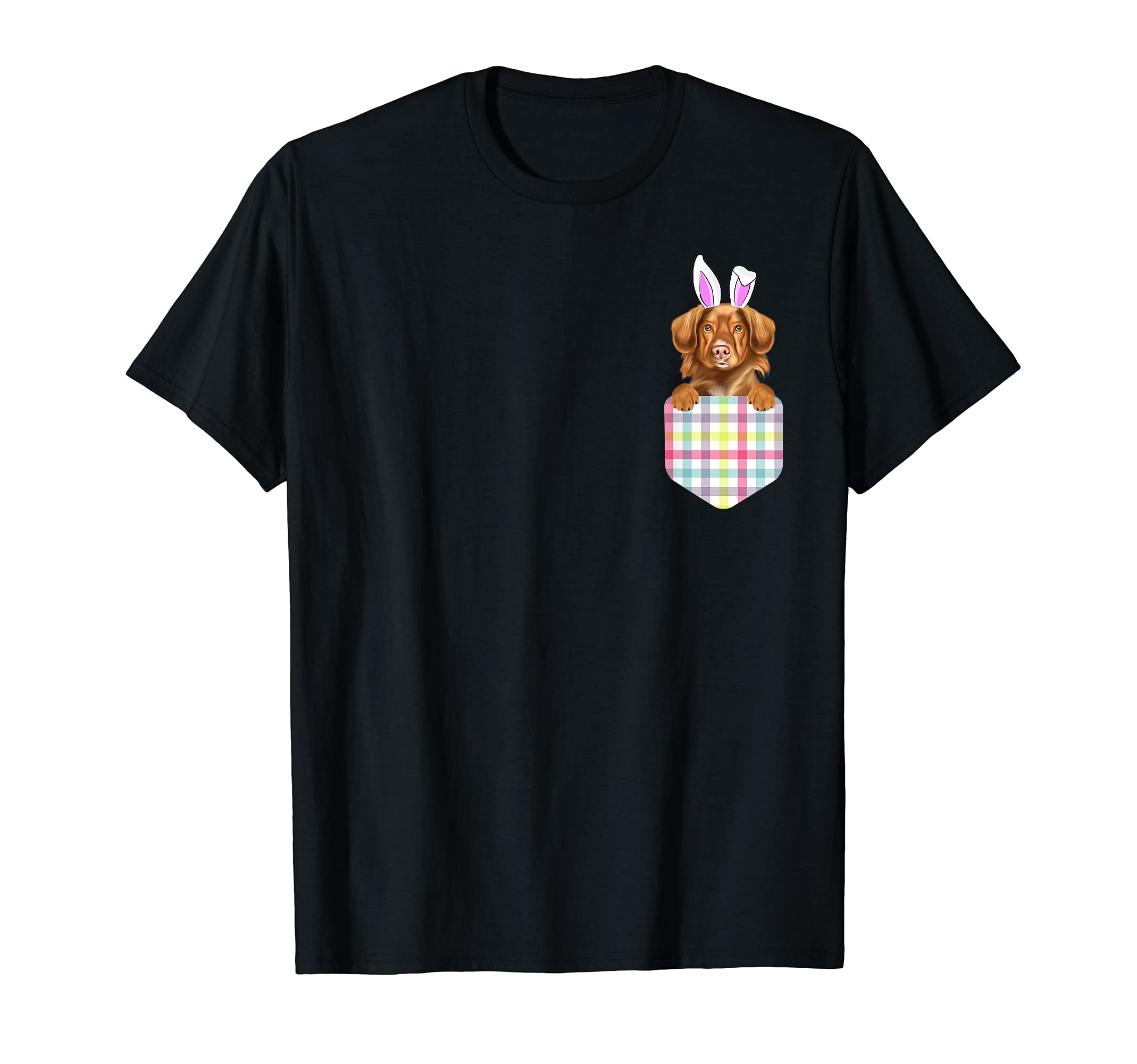 Easter Plaid Duck Tolling Retrievers Bunny Dog In Pocket T-Shirt