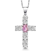 Gem Stone King 925 Sterling Silver Lab Grown Diamond and Pink Sapphire Cross Pendant Necklace for Women | 2.60 Cttw | Gemstone April Birthstone | Oval 6X4MM | With 18 Inch Chain