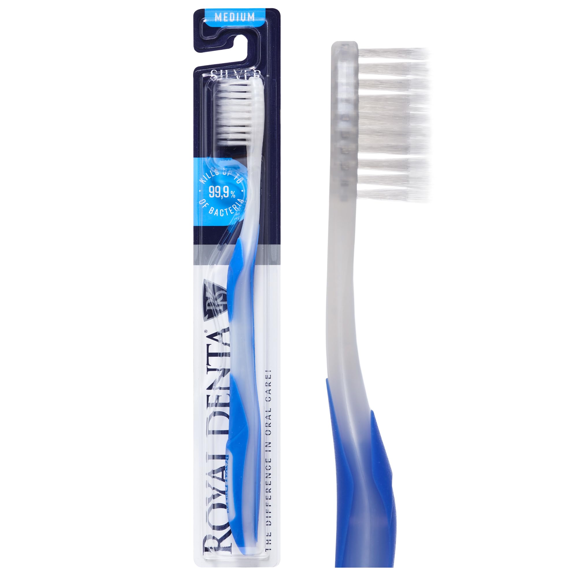 Royal Denta Flossing Toothbrush for Adults, Dual Length Silver Infused Bristles for Interdental Plaque Removal & Gum Care, Medium Soft Manual Toothbrush, Ergonomic Grip Handle (Blue)
