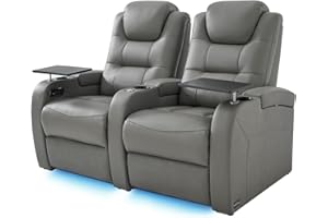 comfiroom Home Theater Seating Simple Style Top Grain Nappa Leather Recliner Sofa Dual Power Movie Theater Chairs with Tray Table Type-C USB Charger (Grey, Row of 2)