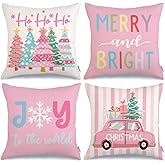 GEEORY Christmas Throw Pillow Covers 18 x 18 Inch Set of 4, Xmas Trees Truck Merry and Bright Pink Striped Holiday Farmhouse Decorative Cushion Cases for Home Decoration G581-18