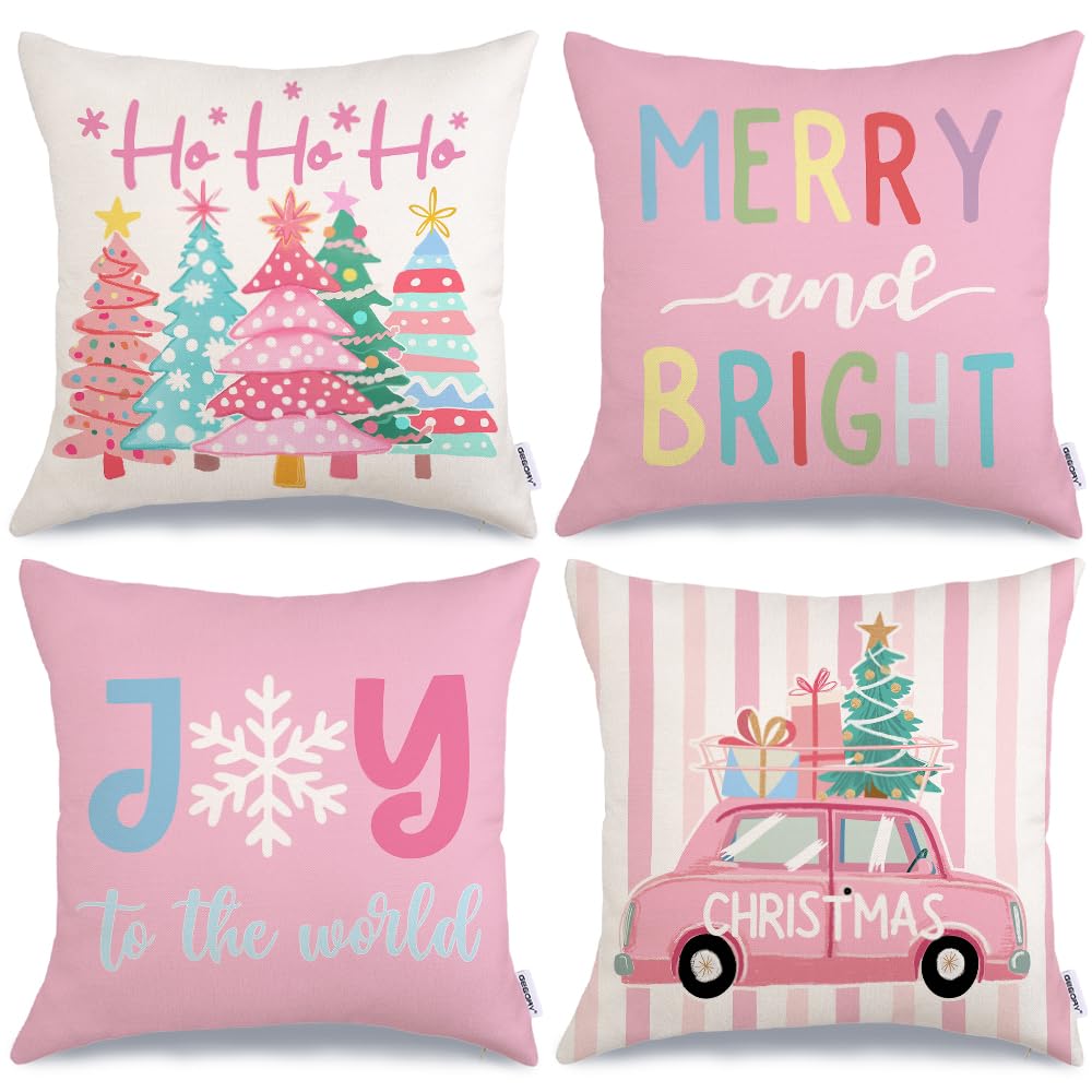 Photo 1 of **MISSING 2**
GEEORY Christmas Throw Pillow Covers 18 x 18 Inch Set of 4, Xmas Trees Truck Merry and Bright Pink Striped Holiday Farmhouse Decorative Cushion Cases for Home Decoration G581-18
