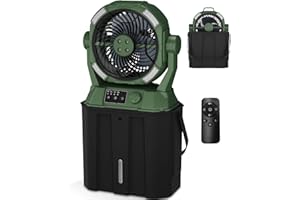 WILODY Misting Fan Portable 42800mAh Rechargeable Camping Fan with Remote Control, 3 LED Light & Stepless Speed Control & Cooling Spray with 6L Bucket, Timer Function, Portable Handle, Rotate Hang Hook