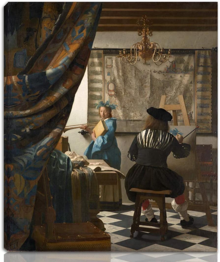 Berkin Arts Johannes Vermeer Stretched Giclee Print On Canvas-Famous Paintings Fine Art Poster Reproduction Wall Decor-Ready to Hang(The Art of Painting)#NK