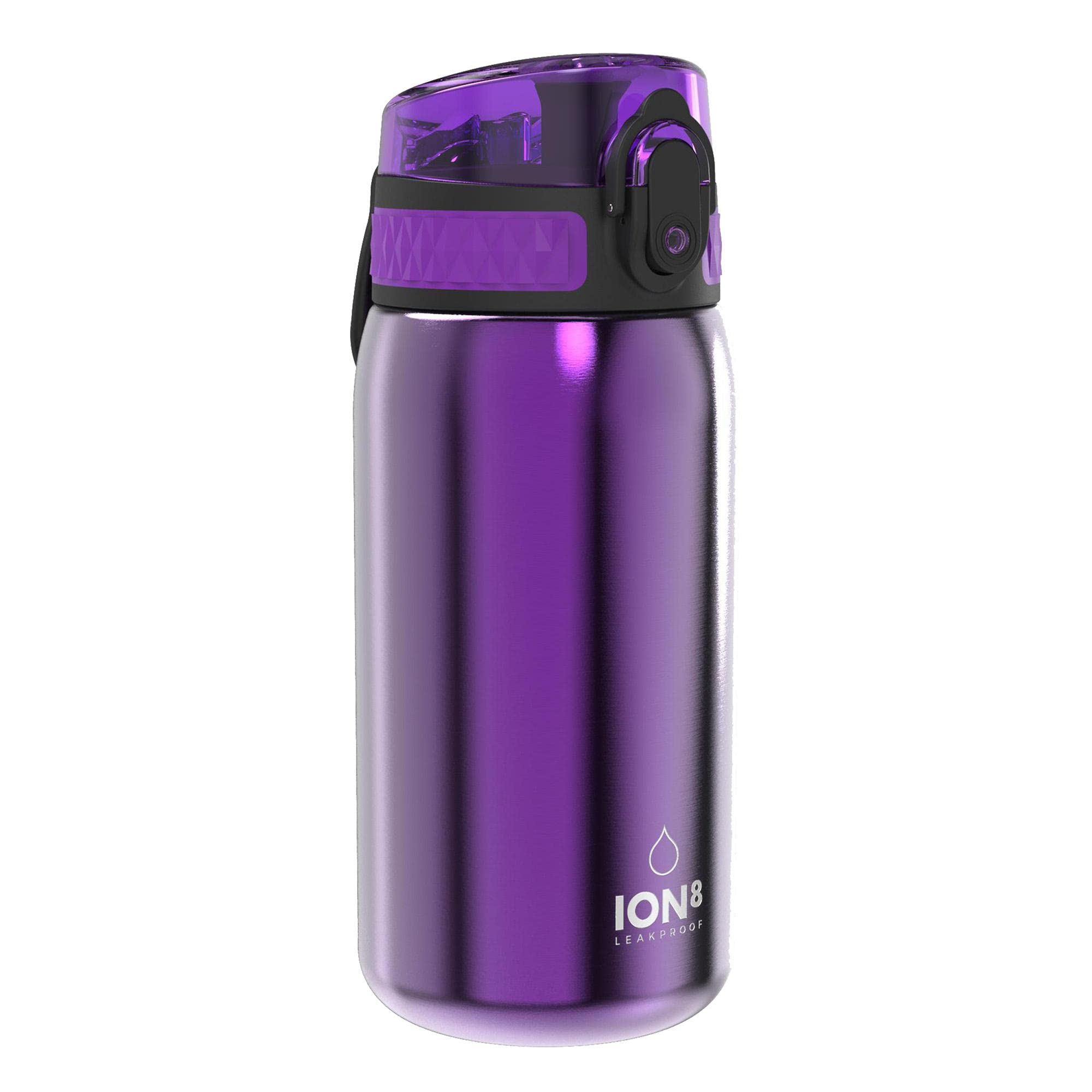 ION8 Lightweight Steel Kids Water Bottle, 400ml/13oz, Non-Insulated, Leak Proof, Easy to Open, Secure Lock, Dishwasher Safe, Fits Cup Holders, Carry Handle, Metal Water Bottle, Metallic Purple — image 1