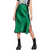 Skrtimory Womens Satin Silk High Waist Slit Midi Skirt Elastic Waistband Midi Skirts for Women