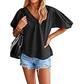 Tankaneo Womens Short Puff Sleeve T-Shirts V Neck Summer Casual Tops Loose Fit Cotton Blouse Tees Shirts