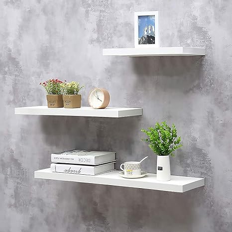 Amazon Com Set Of 3 Floating Wall Shelves Wall Mounted Storage Shelves Wooden Wall Shelf For Living Room Bedroom Kitchen Bathroom And More White Kitchen Dining