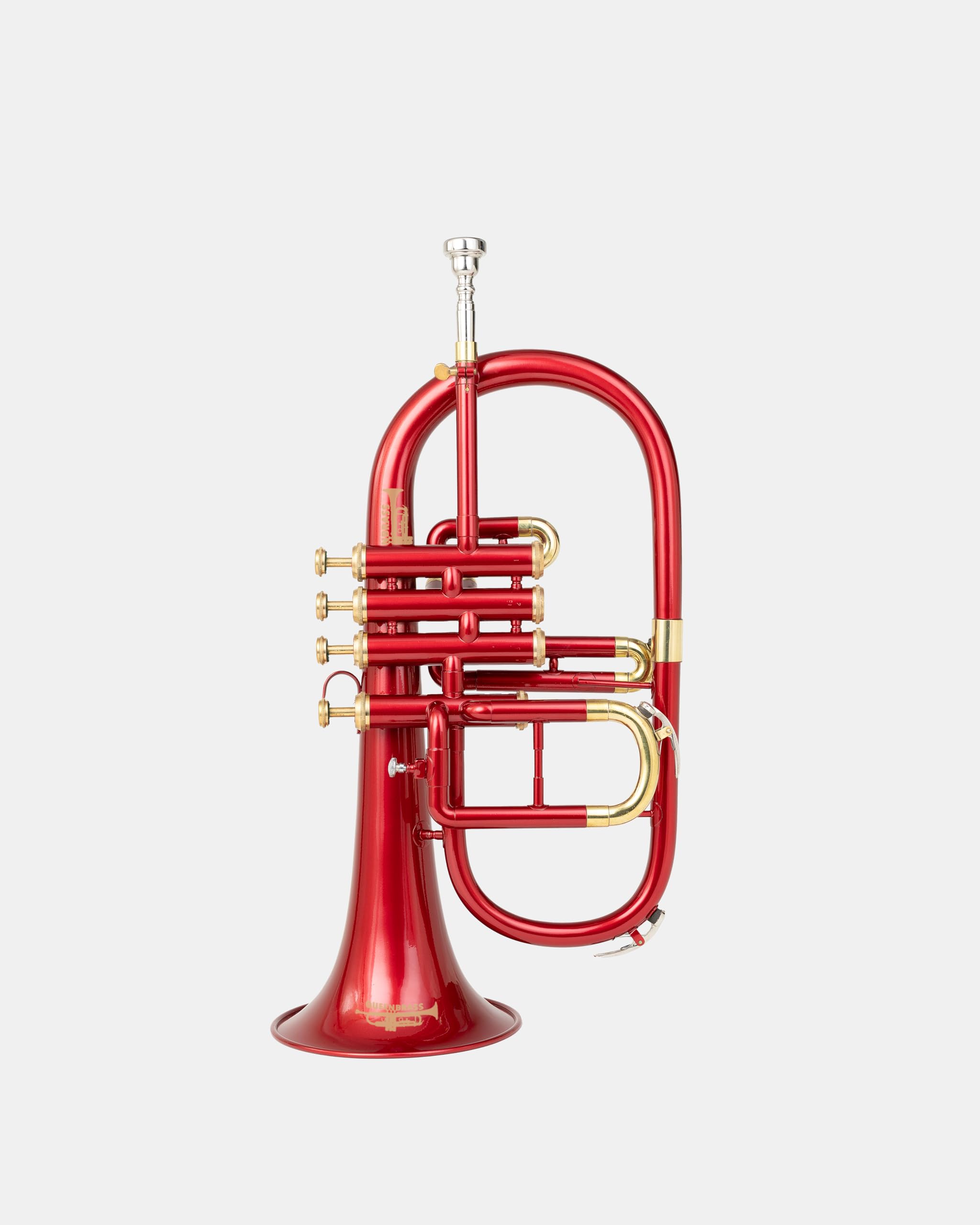 Photo 1 of QUEENBRASS 4-Valve Flugelhorn in Bb/F Pitch – Colored Finish with Mouthpiece & Case | Brass Flugel Horn for Jazz, Orchestras & Brass Bands, Red