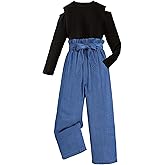 Asbabiy Girls' 2 piece outfit Butterfly Off-shoulder spaghetti Trim Top and Pants set 7-13 Years