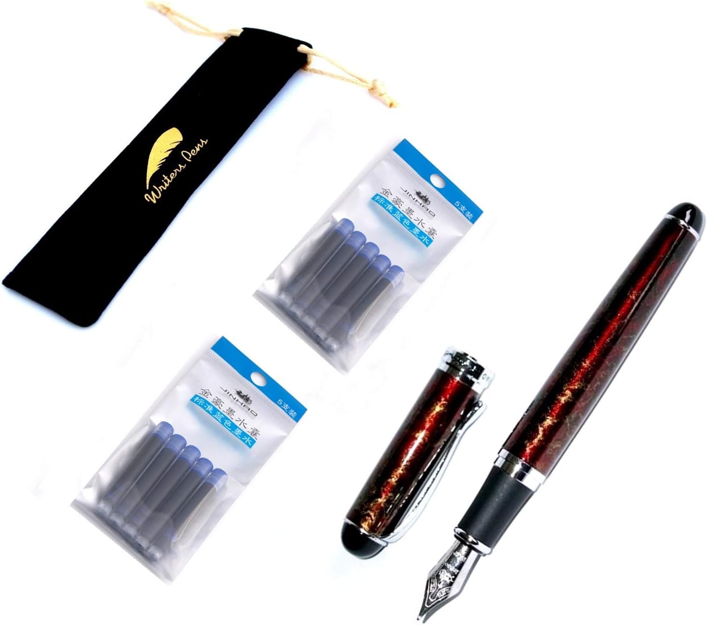 Writers Pens Jinhao X750 Lava Red Fountain Pen Set - Black Velvet Sleeve, 10 Blue Ink Cartridges - Medium Nib, Red & Gold Barrel with Silver Color Trims, Removable Ink Converter