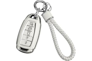JOYEAR Keychain with Key Fob Cover Compatible with Hyundai 2019 2020 2021 Fe Palisade Kona Elantra GT Veloster 5-Buttons(Silver-White)