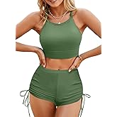 Herseas Women's Floral Print Drawstring Boyshorts Swimsuits Criss Cross Top Bikini Sets High Waisted Two Pieces Bathing Suits