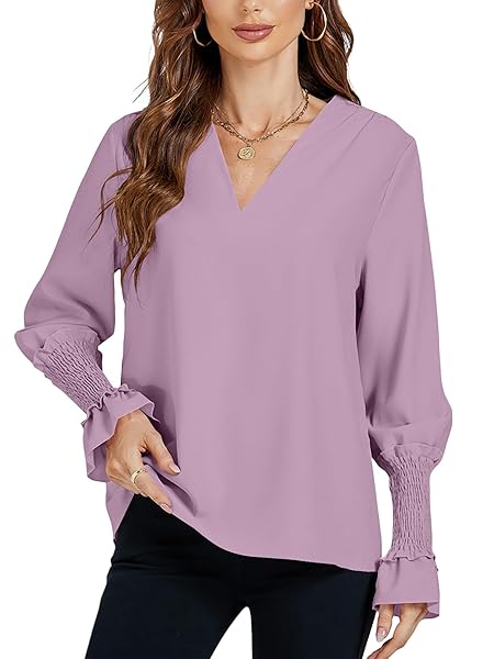 LYANER WOMEN’S V NECK SHIRRED BELL LONG SLEEVE BLOUSE CASUAL TUNIC TOP LILAC LARGE