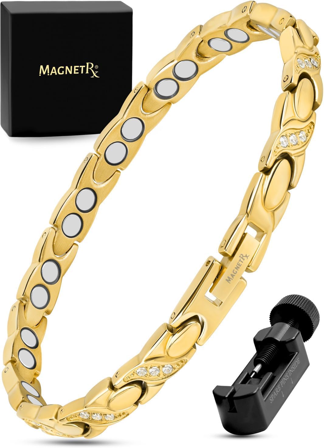 MagnetRX® Ultra Strength Magnetic Bracelets for Women – Double Magnet Stainless Steel Crystal Bracelet for Women – Adjustable Bracelet Length with Sizing Tool (Gold XO)