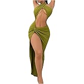 BEAUDRM Women's Twist Front Sleeveless Halter Tie Long Dress Split Thigh Backless Cut Out Cami Dresses Sexy Dress
