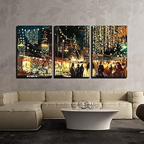 Painting of Shopping Street City with Colorful Nightlife x3 Panels