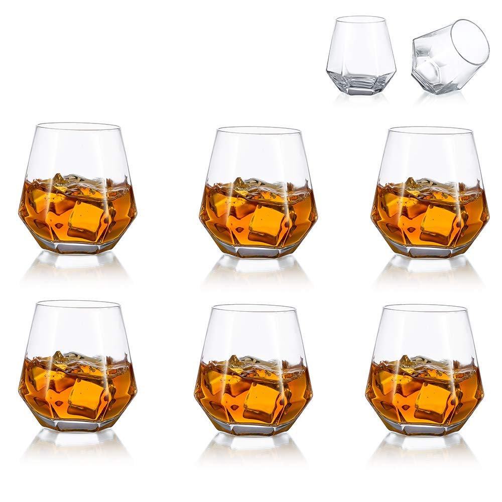 Diamond Whiskey Glasses Set of 6 Water Juice Tumbler Tilted Scotch Glass 300ml Whisky Glass Modern Look Glassware for Bourbon/Rum/Bar Tumbler