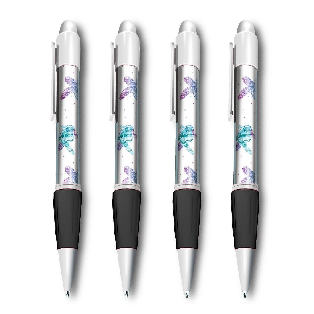 Set of 4 White Ballpoint Pens (Photo Insert) - Swimming Turtles Pattern Sea Life Girls - Soft Feel Finger Grip #170889