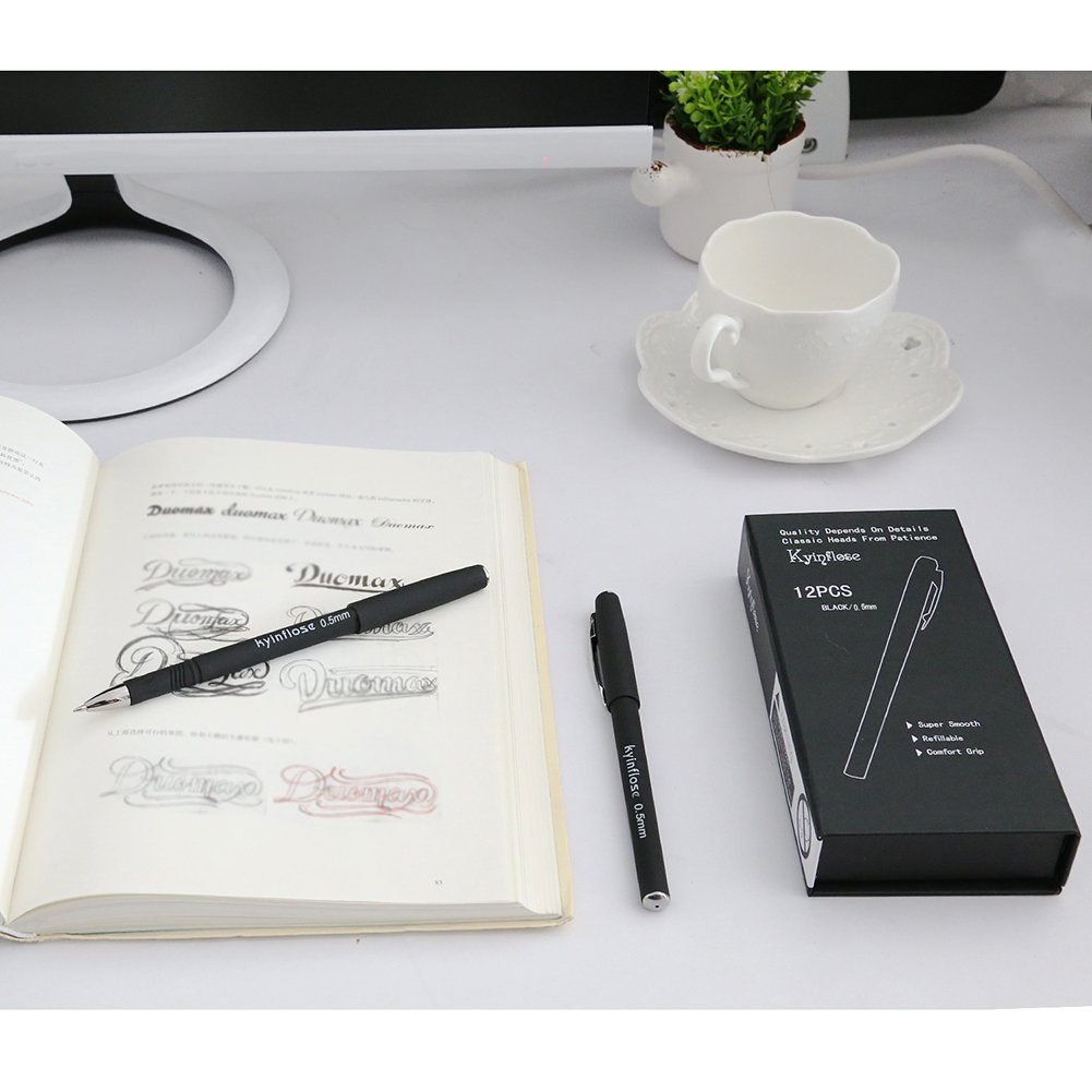 Kyinflose Pens, Smooth Gel Ink Roller Ball Pens, Fine Point, Black, 12-Pack (0.5mm)