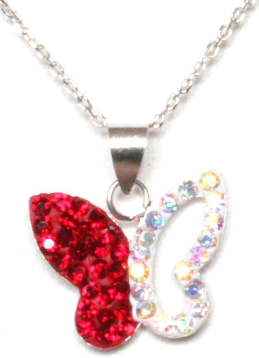 Decorum Jewellery Solid Sterling Silver 925 and AB Crystals. Gorgeous Butterfly Ruby and AB Crystal Pendant on 16 inch Chain.