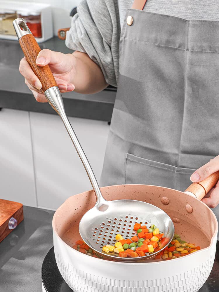 18/10 Stainless Steel Kitchen Utensils Set with Wood Handle - 15” Long Metal Cooking Tools - Serving Solid/Slotted Spoon, Tunner, Skimmer, Soup Ladle, Spaghetti Spoon, Large Spoons Set of 6