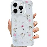 LSEEKA for iPhone 15 Pro Clear Case with Pressed Real Flowers Design,Glitter Cute Pink Floral Pattern Slim Soft TPU Protective Women Girl's Phone Cover for iPhone 15 Pro
