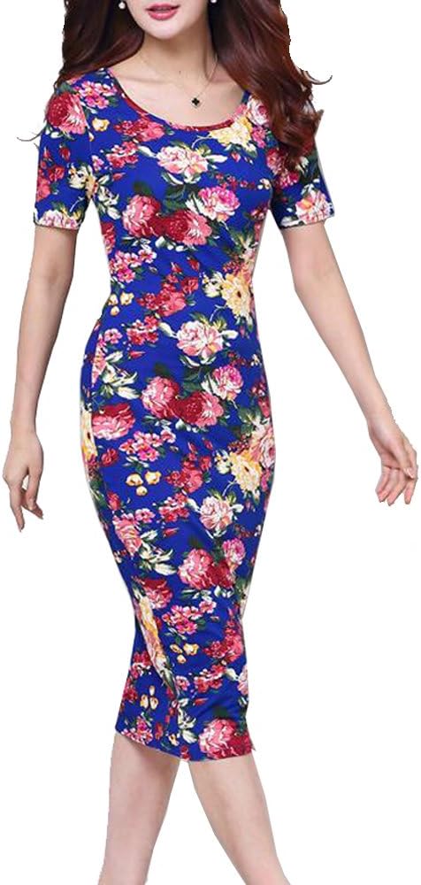 Tribear Women's Vintage Floral Print Short Sleeve Bodycon Cheongsam Dress