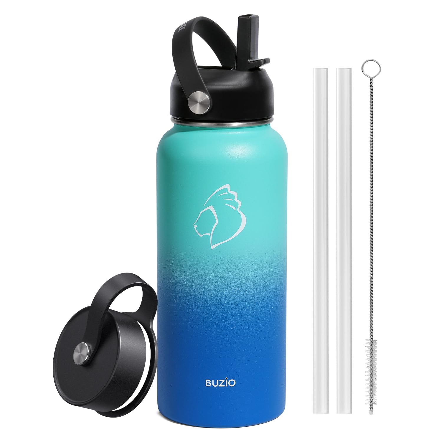 Insulated Water Bottle with Straw, BUZIO 1L Water Bottle with Straw Lid and Flex Cap Cold for 48 Hrs, Hot for 24 Hrs Double Wall Wide Mouth BPA Free Leak Proof, Green&Blue — image 1