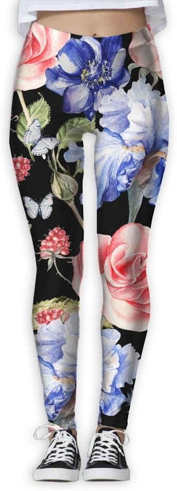 Tinger Beautiful Colorful Watercolor Pattern With Flowers Iris Anemones Roses And Raspberries Womens Power Yoga Pants