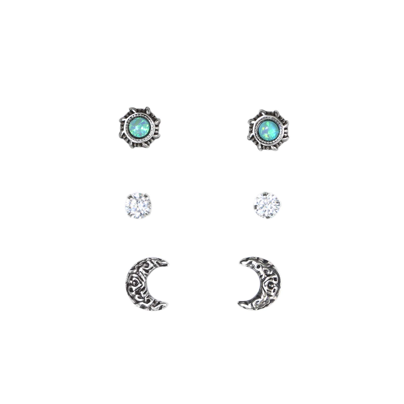 The Rose & Silver Company Women 925 Sterling Silver Tiny Cubic Zirconia and Synthetic Opal Stones Ethnic Moon and Sun Stud Earrings Set