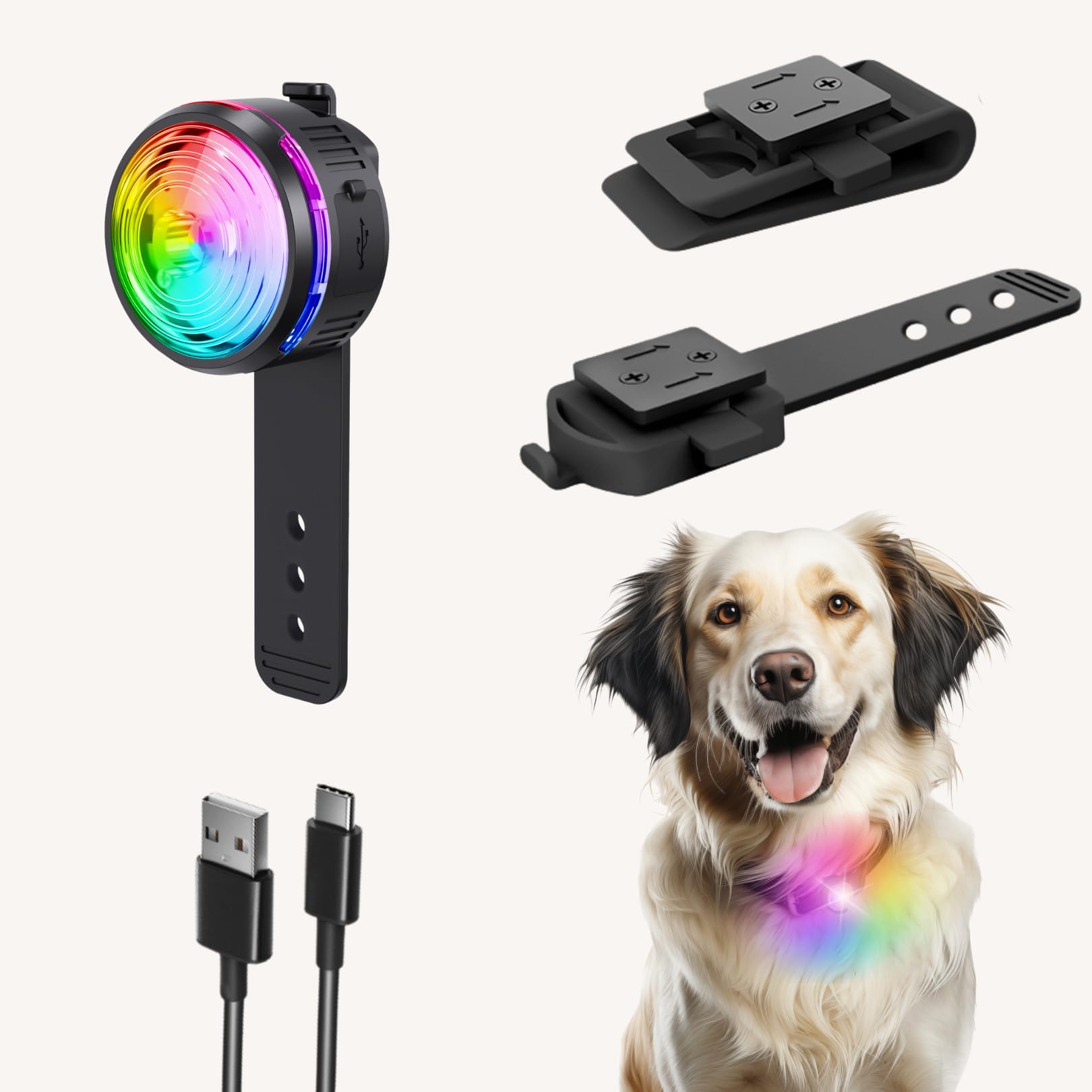Rechargeable Multicolour LED Dog Light- with 2 in 1- Strong Sturdy Strap & Clip-On, 100m Visibility, Fully Waterproof Safety Light for Collar, Leash or Harness – Flashing Dog Light for Night Walking