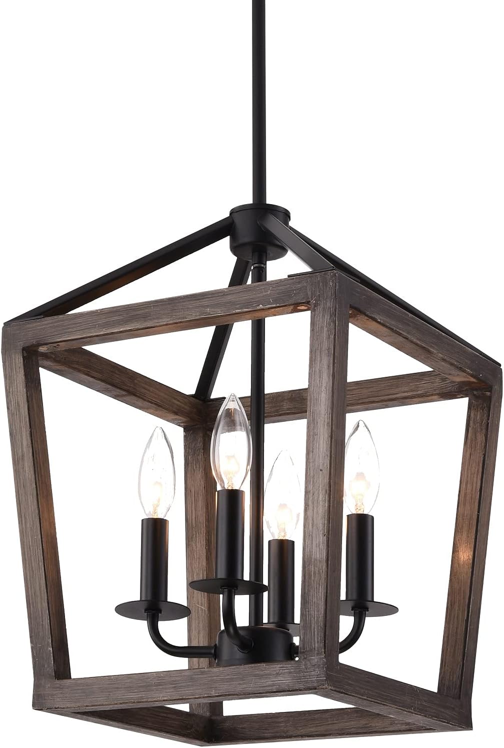 4-Light Chandelier Rustic Metal Pendant Light, Adjustable Height Lantern Hanging Light with Wood Finish, Farmhouse Lighting Fixtures for Living Room, Kitchen, Hallway and Entryway. - - 