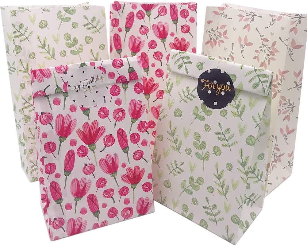 Floral Paper Gift Bags, 12pcs Party Favor Bags Vintage CandyTreat Bags with Thank You Stickers