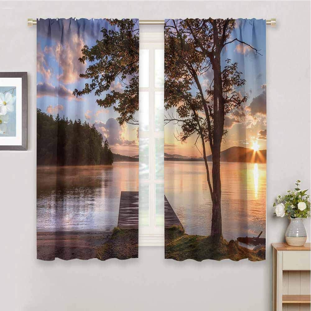 Home Decor Sliding Door Curtains Wooden Bridge Decor Collection Shore of Seventh Lake Tree Sunbeam Sunset Reflection View Picture for Bedroom Kindergarten Living Room W108 x L84 Inch Green Blue