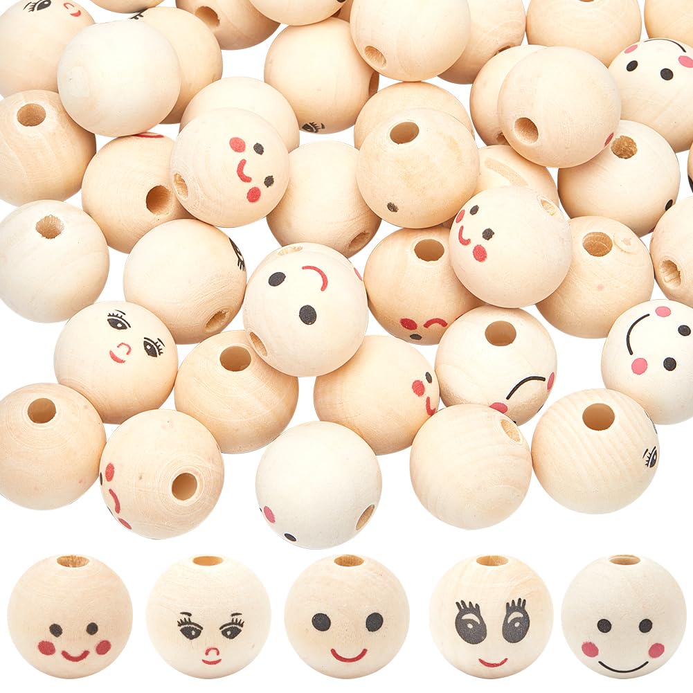 Photo 1 of ***************HALF ARE MISSING******************
GORGECRAFT 50Pcs 5 Styles Smile Face Wooden Beads 25mm/1 inch Large Natural Wood Beads Round Ball Spacer Bead Smiling Face Printed Doll Head Loose Beads with Hole for Christmas Tree Garland Farmhouse
