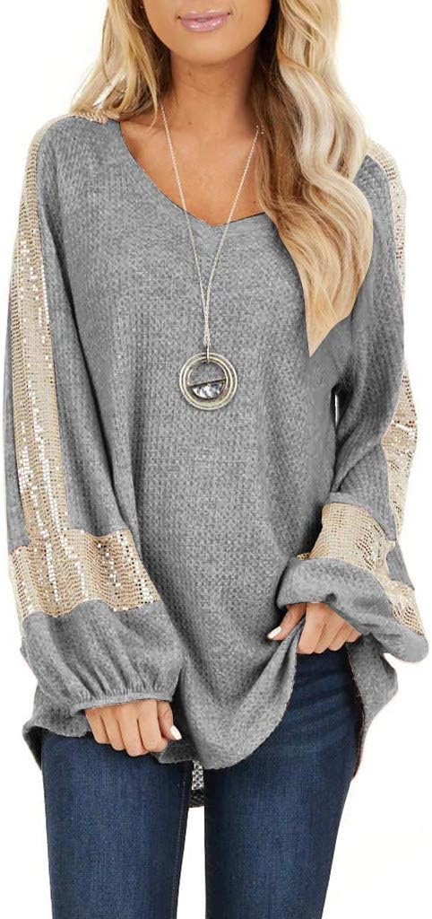 Juesi Women Contrast Sequin Shinny Top Blouse Fashion Lantern Long Sleeve Pullover Sweatshirt Loose Shimmering Shirt