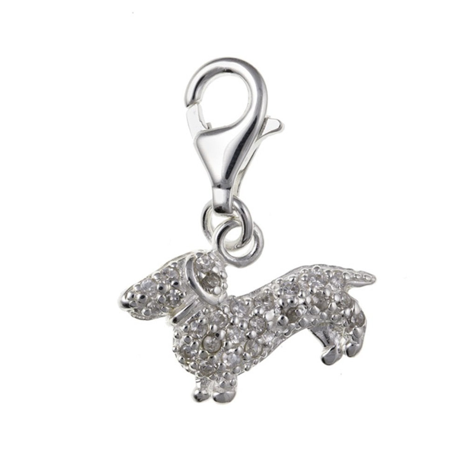 Dachshund (Sausage) Dog CZ Set Sterling Silver Clip On Charm Pendant with Lobster Clasp for Women - Compatible with Thomas Sabo Charms Bracelet - Women's Clasp Charms