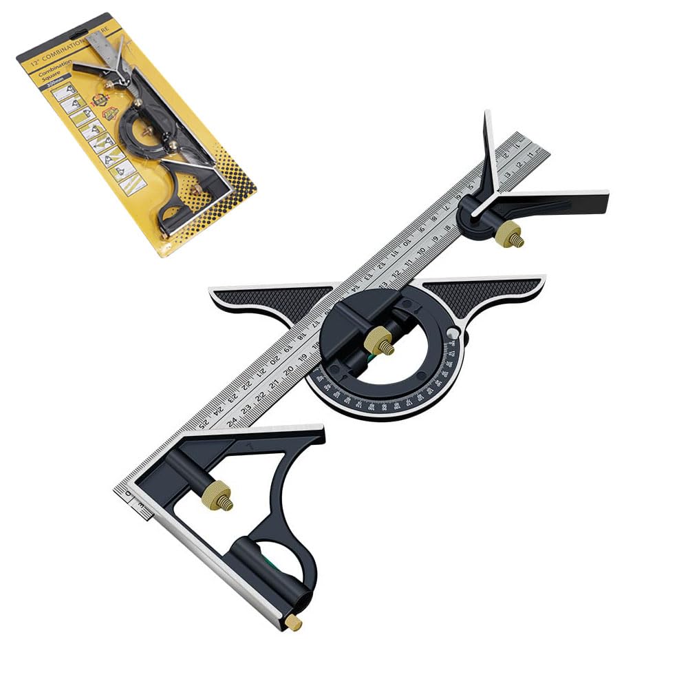 HYSHLC 300 mm 12 Inch Combination Square Set Carpenter's Angle Adjustable Protractor Stainless Steel Try Square Universal Angle with Spirit Level and Scriber Needle for 0-180 Degrees