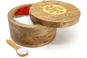 Mango Wood Masala Dabba Spice Box with 4 Sections, Kitchen Spice Cellar Storage Container, Airtight Swiveling Magnetic Floral