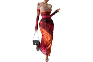 PRSFPN Women's Long Sleeves Maxi Bodycon Dress Tie Dye Ruched Mesh Layer Prom Formal Wedding Elegant Dresses