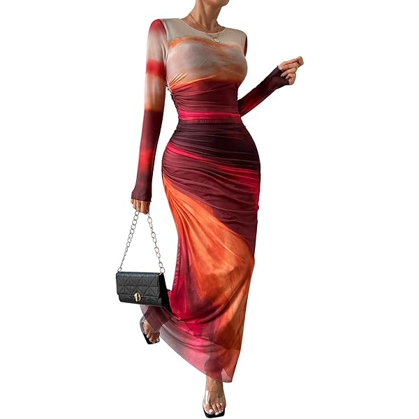 Amazon.com: Xuan2Xuan3 Women's Long Sleeve Mesh Tie Dye Bodycon Dress Slim  Fit Maxi Ruched Dresses : Clothing, Shoes & Jewelry